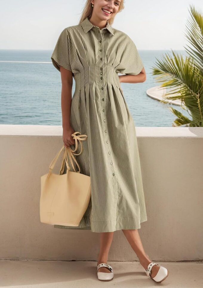 Women Striped Button Down Pleated Shirt Dress Summer Short Sleeve Ruffle A Line Swing Long Blouse Midi Long Dress – Bild 2