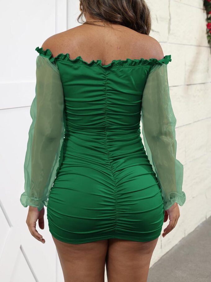 Uni Clau Women Sexy Off Shoulder Drawstring V Neck Mini Dress Mesh Sheer Puff Long Sleeve Bodycon Clubwear Dress – Bild 6