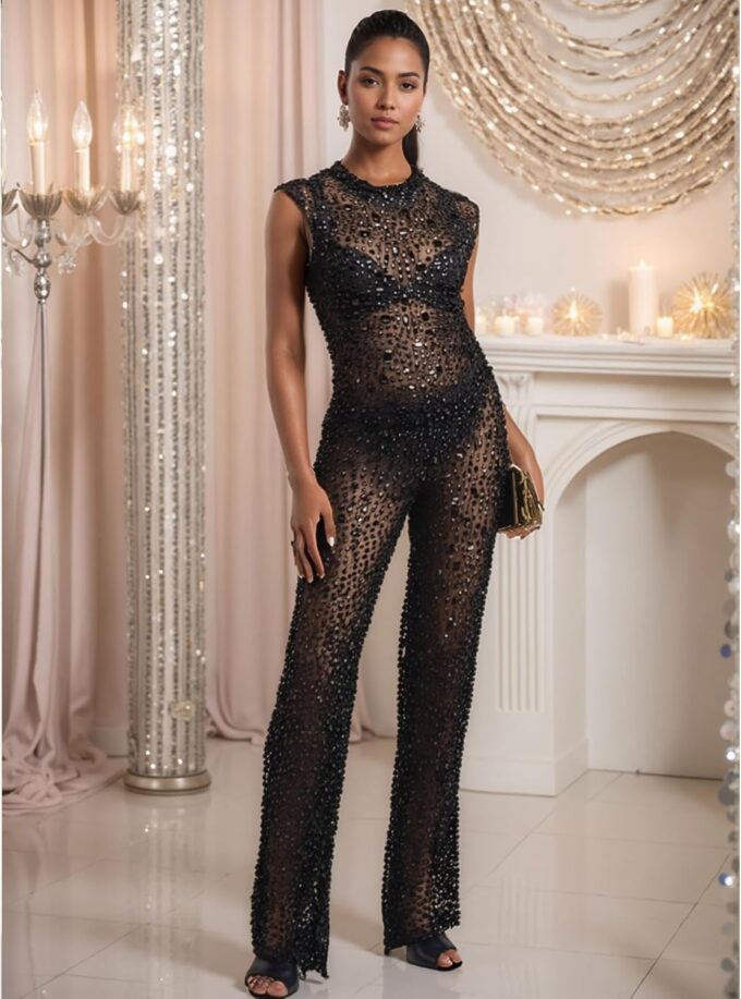 Women Sexy Elegant Sparkly Rhinestone Bodycon Jumpsuit Wide Leg Mesh See Through Party Club Night Outfit – Bild 4