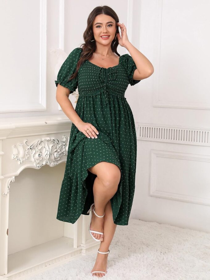 SCOMCHIC Women Plus Size Summer Dress Puff Short Sleeve Smocked Drawstring Ruffle Boho Swiss Dot Casual Midi Dresses – Bild 3