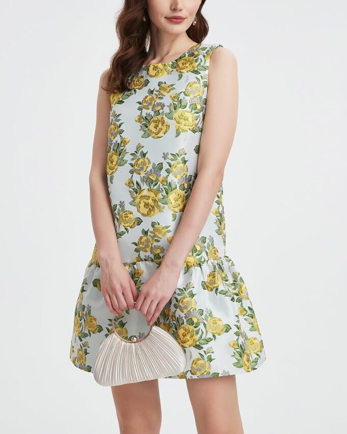 Women's Floral Jacquard Mini Dress Crewneck Sleeveless Open Back Ruffle Hem Cocktail Party Dress – Bild 3