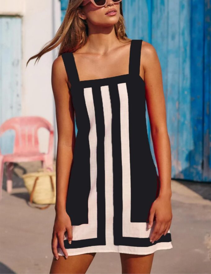 Womens Summer Casual Color Blocked Dresses Striped Mini Dress Sleeveless Strap Beach Sundress Cover Up Dresses – Bild 2
