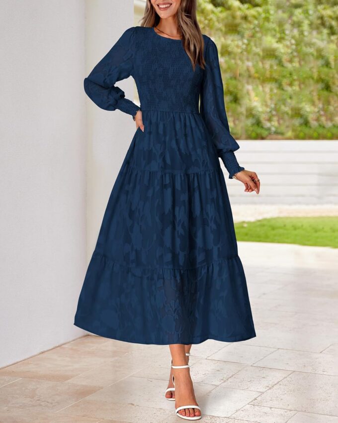 BTFBM Casual Women's 2025 Spring Dresses Elegant Wedding Guest Dress Long Sleeve Floral Midi Dress Flowy Bohemian Long Dress – Bild 2