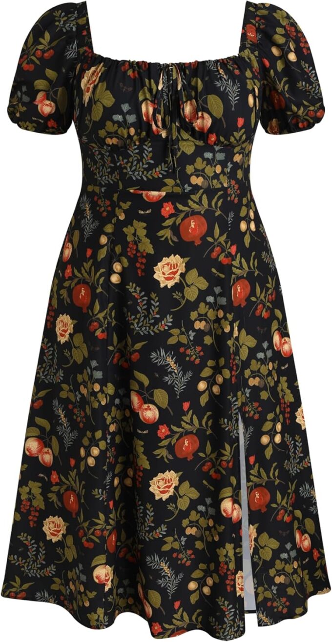 CIDER Plus Size Midi Dress Summer Fruit Patterned Square Neck Puff Sleeve Boho Vacation Casual Midi Dress for Curvy Women