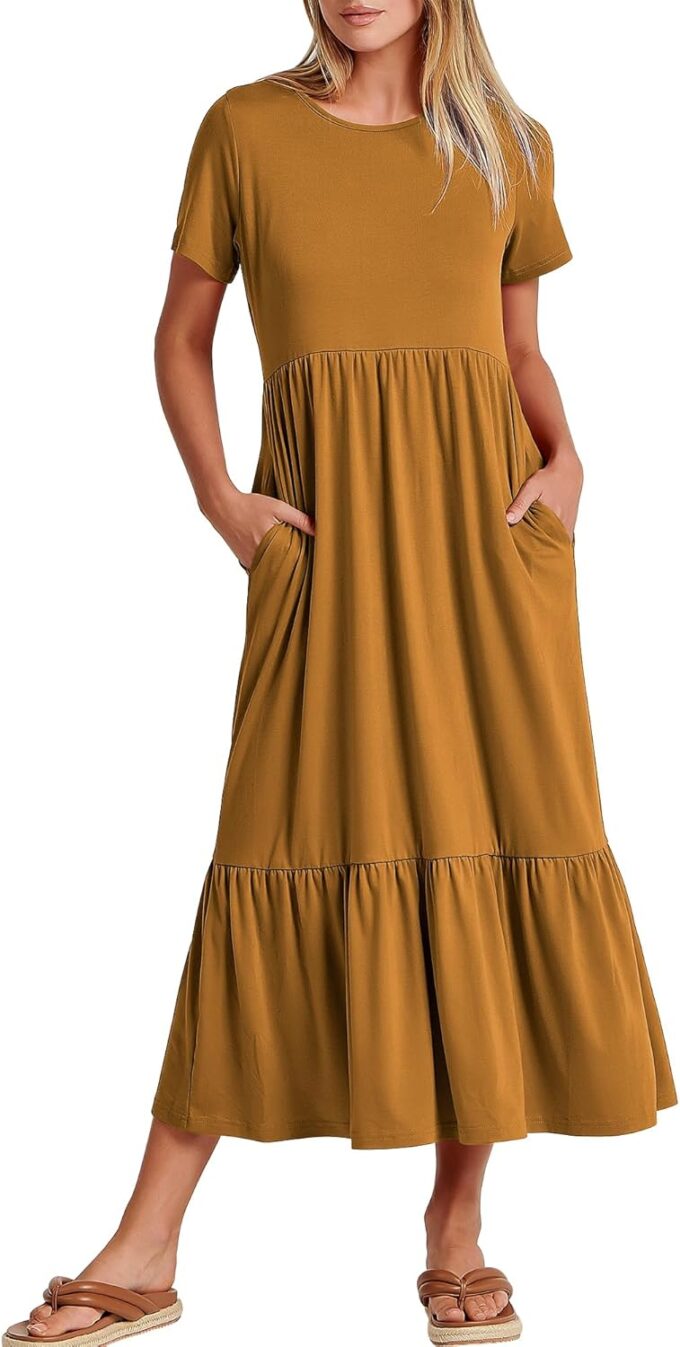 ANRABESS Womens 2025 Summer Casual Maxi Dress A line Tiered Flowy Short Sleeve Crewneck T Shirt Beach Travel Long Dresses