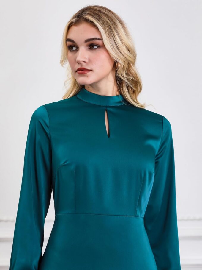Hobemty Damenkleid aus Satin, elegant, langärmelig, Stehkragen, Keyhold A-Linie Kleid – Bild 4