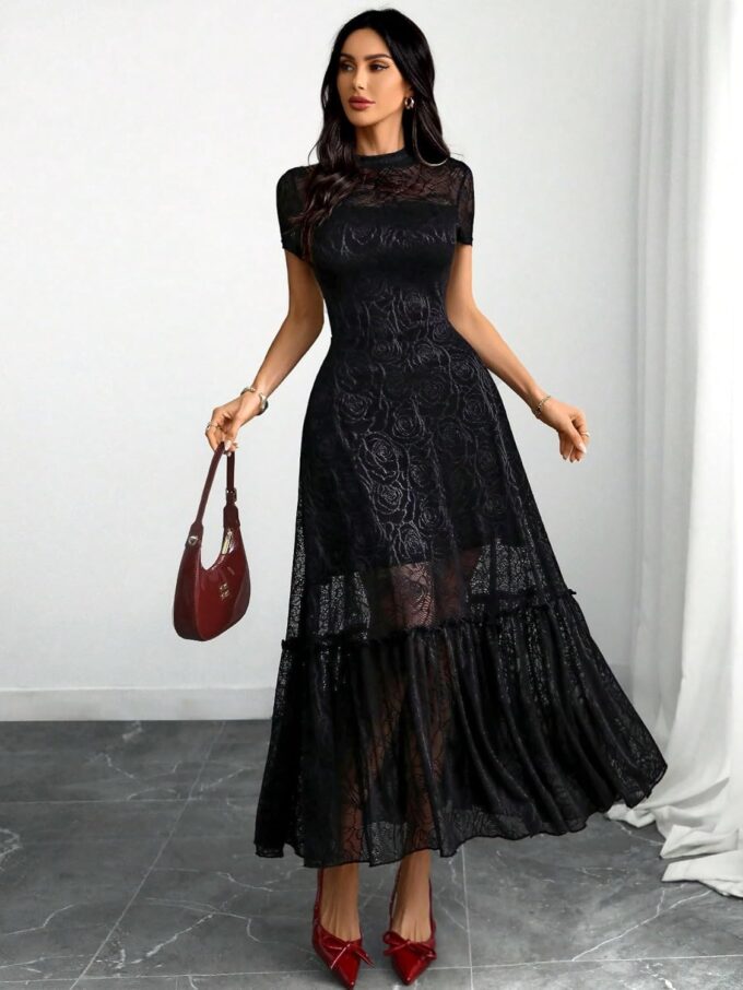 GothDark Womens Elegant Vintage Floral Lace Dress Short Sleeve Double Layer Gothic Midi Wedding Guest Casual Dress – Bild 3
