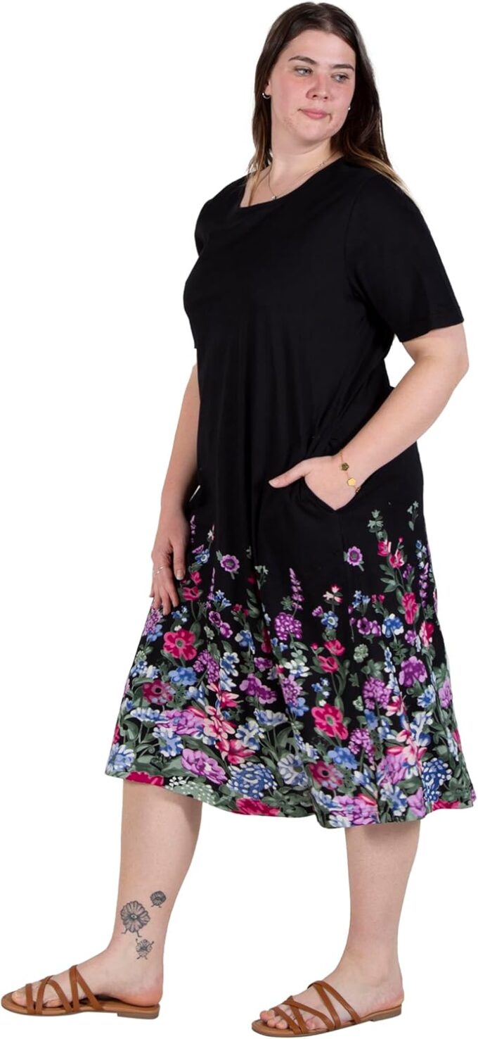 LA CERA Women's Printed 100% Cotton Dress, Scoop Neck, Short Sleeves, Floral Print, Two Side Seam Pockets, A-Line – Bild 2