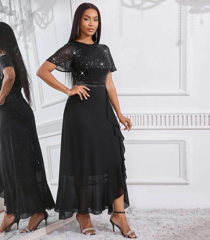 Cololura Women Elegant Sexy Sequin Sequin Lace Tulle Chiffon Formal Evening Cocktail Prom Party Maxi Dress – Bild 4
