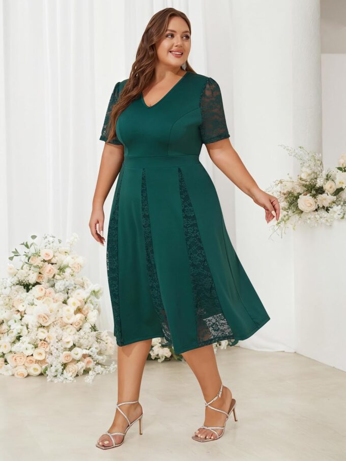 ZNU Women’s Plus Size Wedding Guests Dresses for Formal Lace Short Sleeve V-Neck Cocktail Evening Party Dress Midi Dress – Bild 5