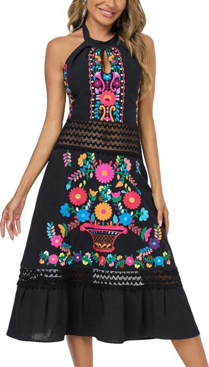 Mexican Dress Embroidered Casual Halter Off Shoulder Maxi Cocktail Dresses Sexy Dress for Women Date Night