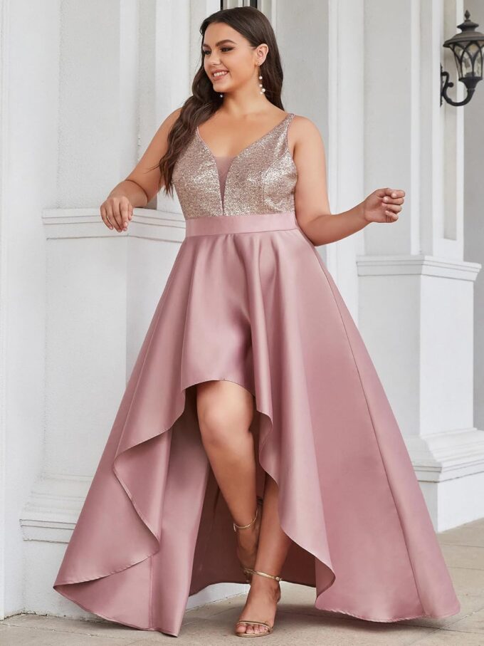 Ever-Pretty Plus Women's Elegant V Neck Sleeveless High Low A Line Sequin Satin Plus Size Cocktail Formal Dresses – Bild 4