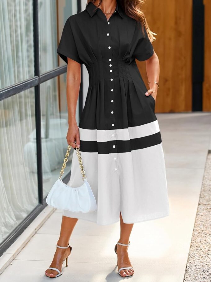 Wenrine Womens Summer Button Down Shirt Dress Casual Color Block V Neck Short Sleeve Corset Maxi Dresses – Bild 2
