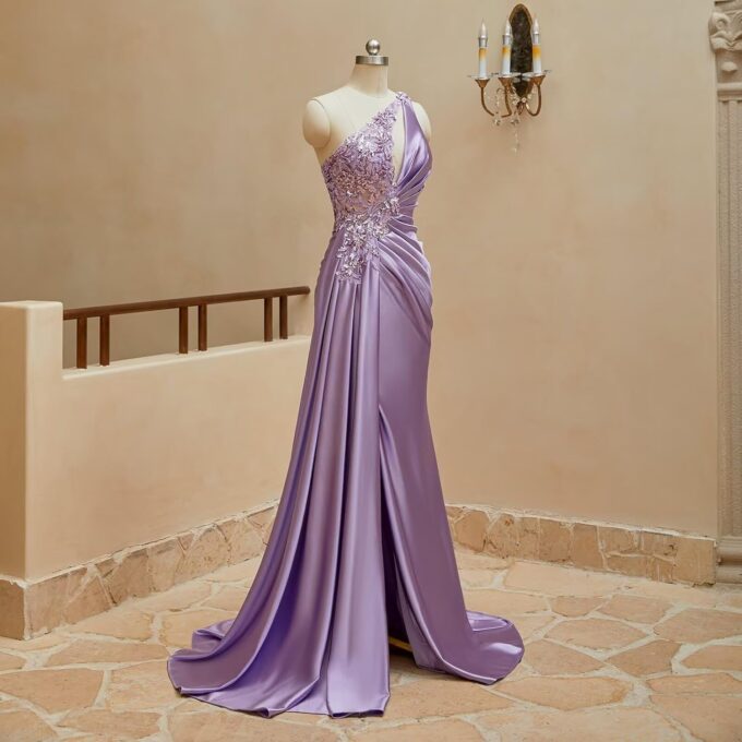 Womens One Shoulder Prom Dresses 2025 Elegant Mermaid Satin Ruched Formal Evening Dresses – Bild 7