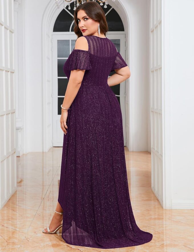 ZOMVA Plus Size Sparkly Mesh Maxi Dress Cold Shoulder Ruffle Sleeve High Low A Line Gown Wedding Guest Cocktail Party – Bild 3