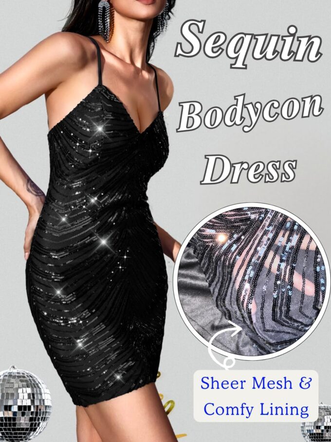 Kaei&Shi Sequin Mini Dress,V Neck Spaghetti Strap Sparkly Prom Dresses for Women,Sexy Birthday Outfit HOCO Cocktail Nye Party – Bild 2