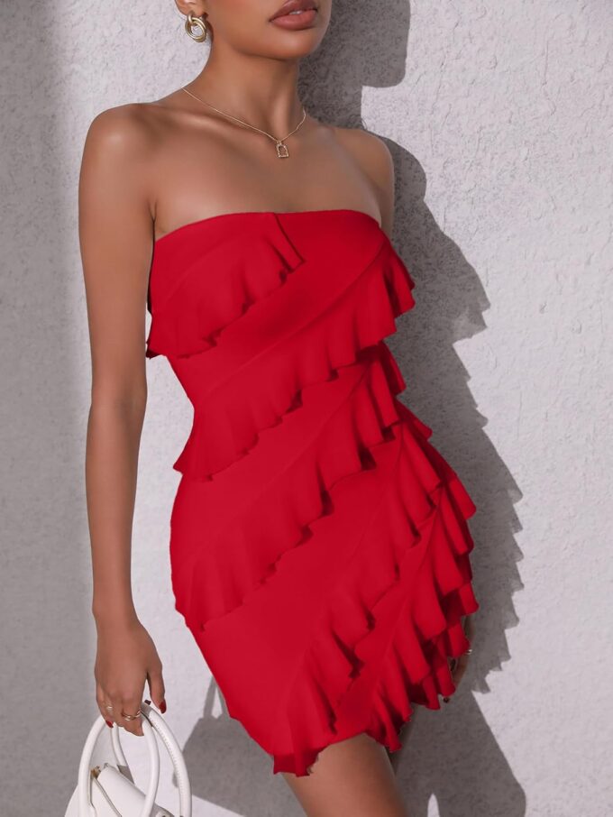 Sexy Cocktail Dresses for Women, Ladies' Sexy Strapless Tube Top Bodycon Sleeveless Ruffle Mini Party Dress – Bild 6