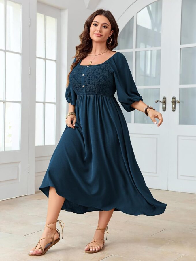 Women's Plus Size Casual Dresses Square Neck Button Up Smocked 3/4 Puff Sleeve Empire Wasit A-line Flowy Midi Dress – Bild 2