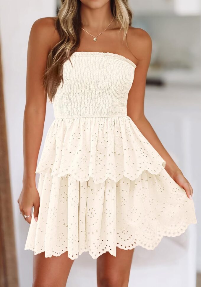 BTFBM Summer Dresses for Women 2025 Tube Strapless Mini Hollow Out Lace Wedding Guest Dress – Bild 3