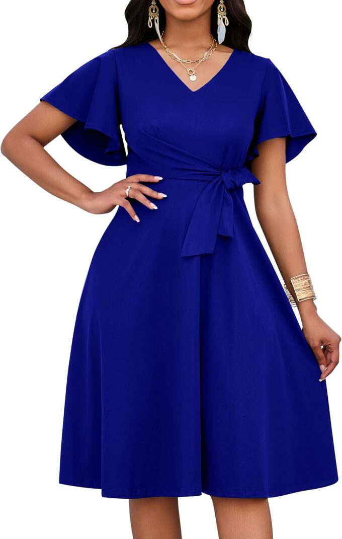 FANDEE Women Casual Midi Dress Wedding Guest Dresses for Chuch Cocktail Short Sleeve A-Line V Neck with Belt Blue