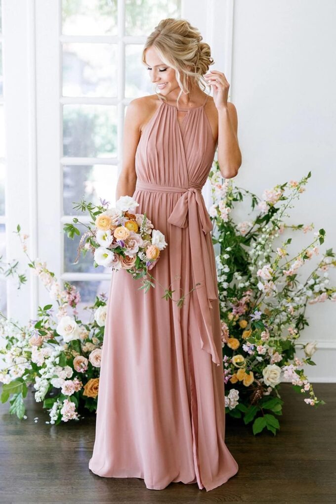 Women's Halter Pleated Chiffon Long Bridesmaid Dresses with Pockets Formal Dresses Evening Party Gown – Bild 3