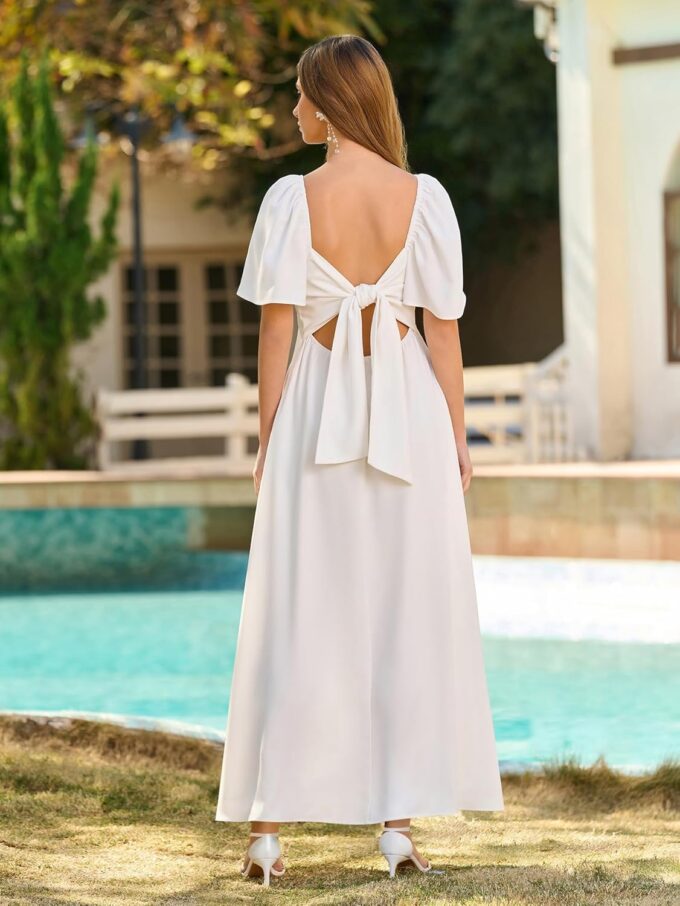 KUTUMAI Summer Maxi Dresses for Women 2025 V Neck Short Sleeve Bow Tie Flowy Long Formal Wedding Guest Dress with Pockets – Bild 6