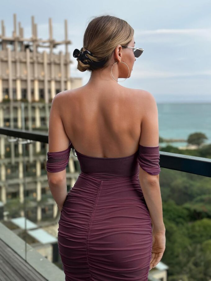 Women's Summer Off The Shoulder with Built-in Bra Sleeveless Corset Ruched Formal Evening Bodycon Midi Dress – Bild 8