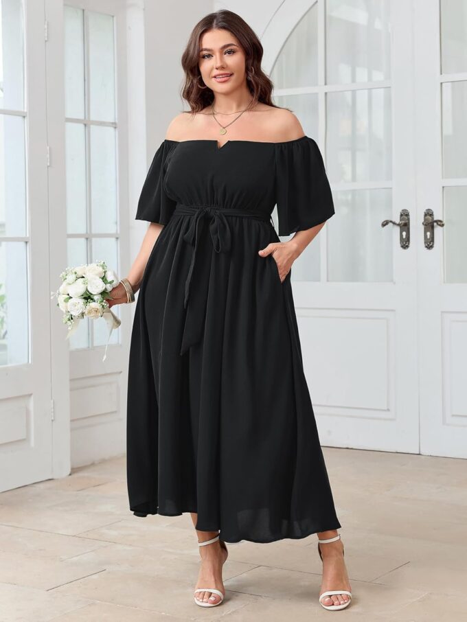SCOMCHIC Womens Plus Size Formal Maxi Dress Off The Shoulder Wedding Guest Cocktail A-Line Split Long Dress with Pockets – Bild 2