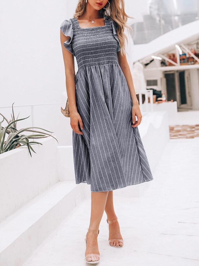 Miessial Womens Casual Summer Midi Dress Short Sleeve Smocked Linen Dresses 2025 Boho Beach Wedding Guest Dress with Pockets – Bild 2