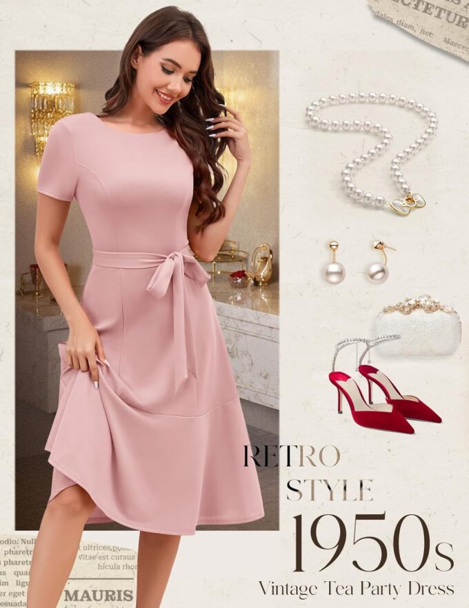 Bbonlinedress Womens Short Sleeve Wedding Guest Dresses Cocktail Vintage Party Church Formal A-Line Midi Dress with Belt – Bild 5