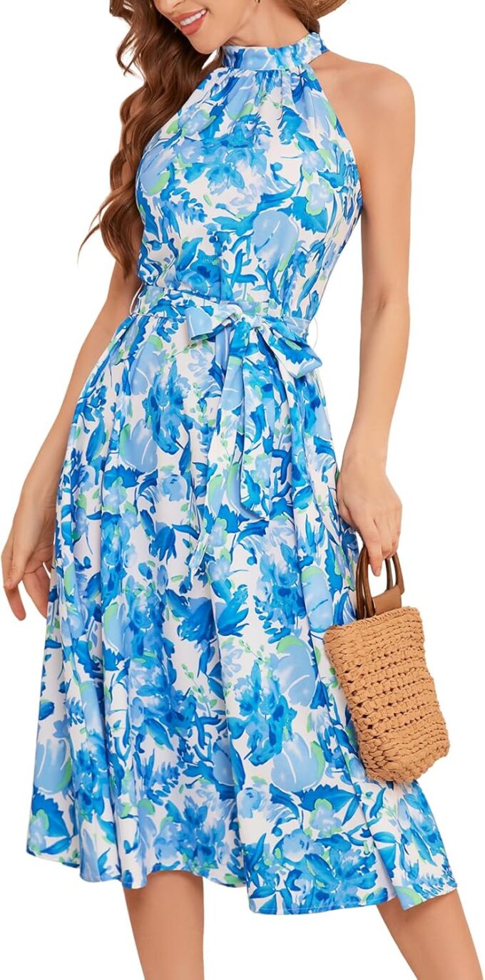 Bbonlinedress Women Halter Summer Floral Sundress Midi Casual Beach Vacation Flowy Boho 2025 Dress