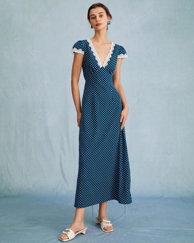 Women Summer Dresses Deep V Neck Polka Dot Prined Splice Lace Dress Elegant Cotton for Party – Bild 6