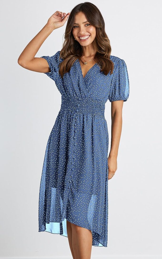 PRETTYGARDEN Women's Floral Wrap V-Neck Midi Dress Short Sleeve Boho Summer Beach Long Dress High Low Hem Smocked Dress Women – Bild 5