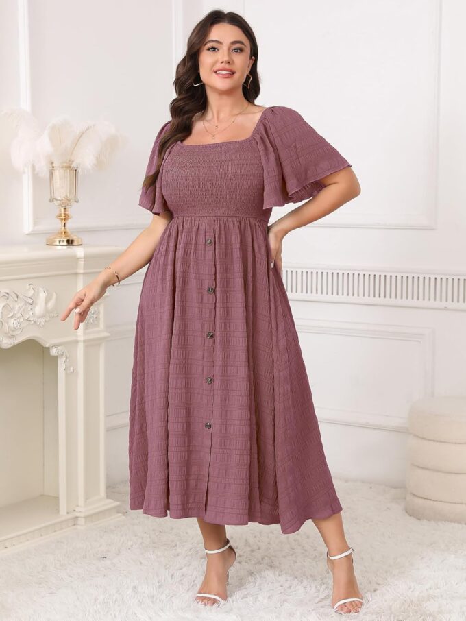 Womens Plus Size Maxi Boho Beach Sundress Short Sleeve Square Neck Smocked Button Down Flowy Casual Summer Dresses – Bild 5
