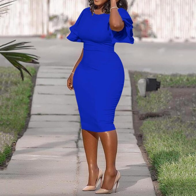 Women Elegant Midi Pencil Dress Ruffle Sleeve Round Neck Bodycon Cocktail Party Formal Dress – Bild 3