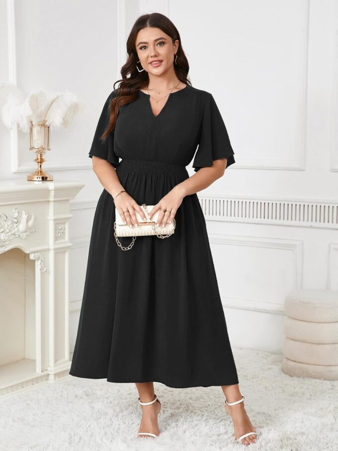 Women's Plus Size Dress for Women Wedding Guest Cocktail Smocked Ruffle Short Sleeve V Neck Flowy Maxi Dresses – Bild 5
