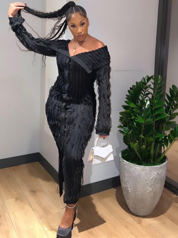 Sexy Button Down Dresses for Women Date Night Off Shoulder See Through Mesh Ruffle Bodycon Maxi Dress – Bild 4