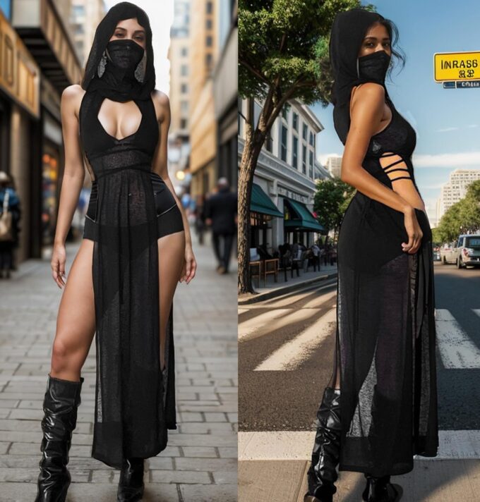 Women Goth Sheer Dress, Mock Neck Sleeveless Rave High Slit Dress with Hooded, EDM Music Festival Outfits – Bild 3
