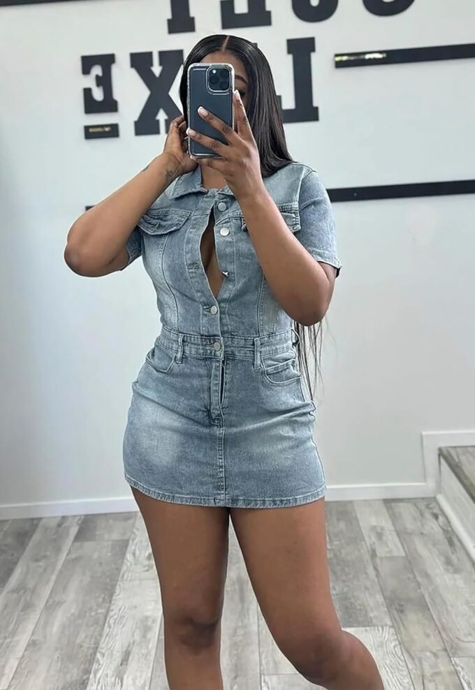 Ryehack Women's Summer Casual Denim Dress Bodycon Short Sleeve Bodycon 1/2 Button Sexy Mini Casual Jean Dress – Bild 3