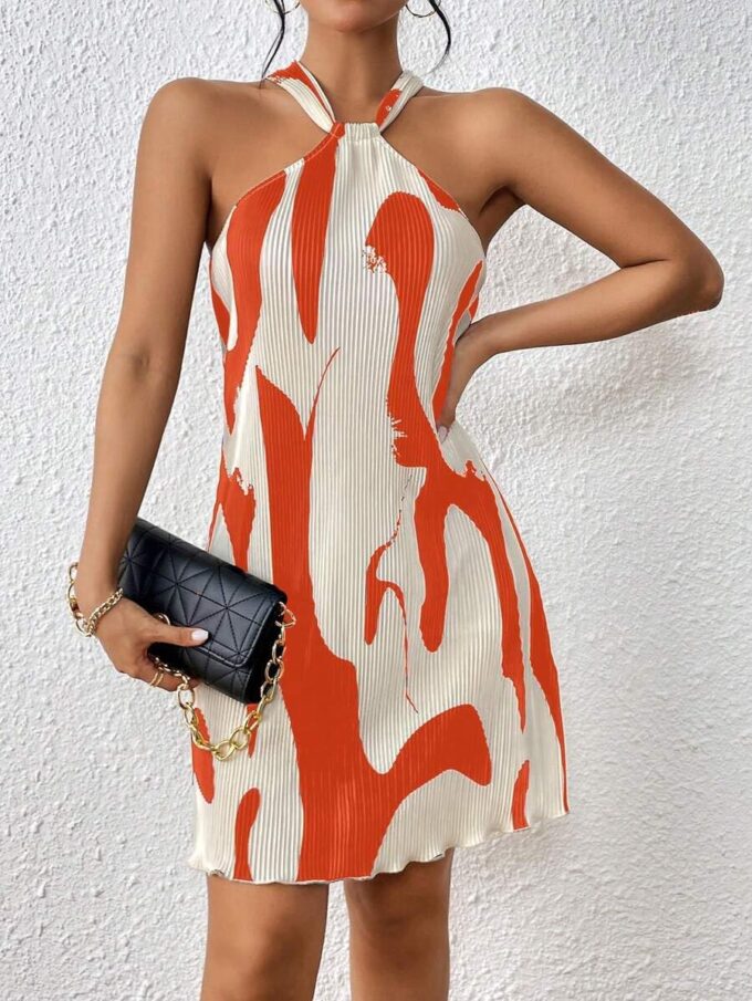 Women's Summer Dress Printed Halter Neck Mini Casual Pleated Sundress Party Date Outfit – Bild 6