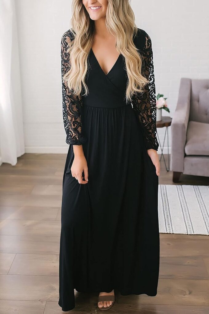 Kranda Womens Vintage Floral Lace Long Sleeve Faux Wrap V Neck Party Long Maxi Dress – Bild 6