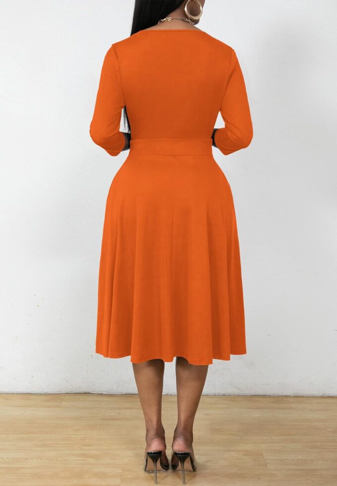 Nmoder Wrap Dress Cocktail Casual Dresses for Women Wedding Guest Fit and Flare V Neck 3/4 Sleeve Midi Dress with Pockets – Bild 4