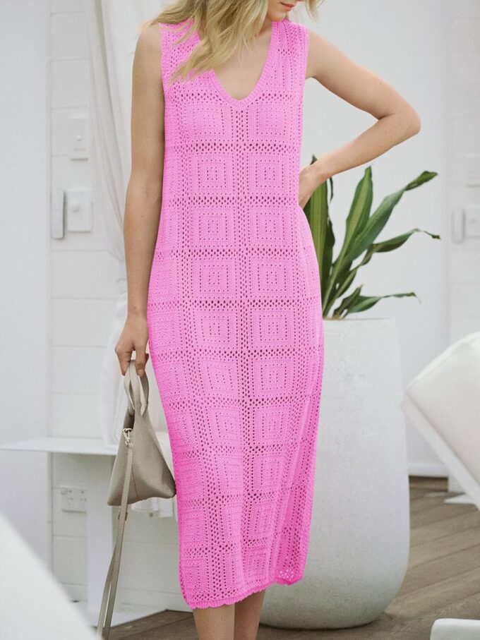 Fisoew Womens Crochet Sleeveless Dress Casual Summer V Neck Boho Knit Cover Up Beach Vacation Midi Tank Dresses – Bild 2