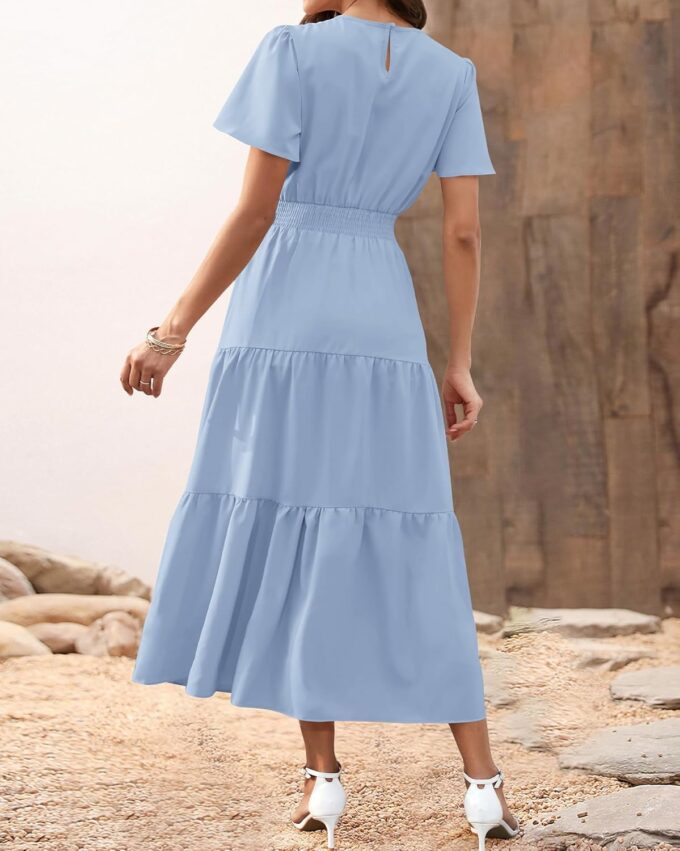 PRETTYGARDEN Women's Summer Casual Short Flutter Sleeve Round Neck Smocked Waist Tiered Boho Floral Flowy Maxi Dress – Bild 5