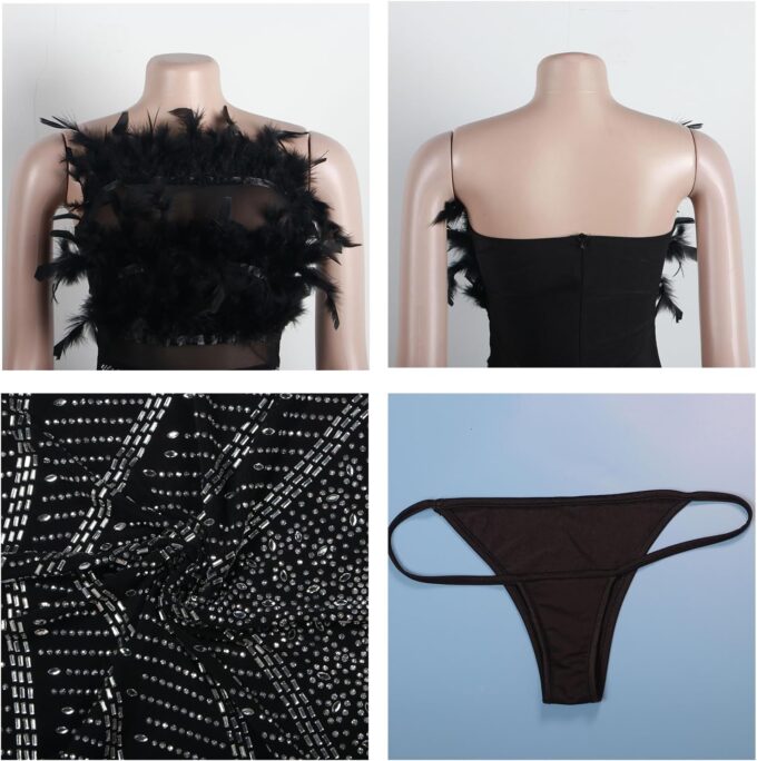 Yuopeid Women's Sexy Mesh Rhinestone Bodycon Mini Dresses Sleeveless Fashion Feather Birthday Party Cocktail Dress – Bild 5
