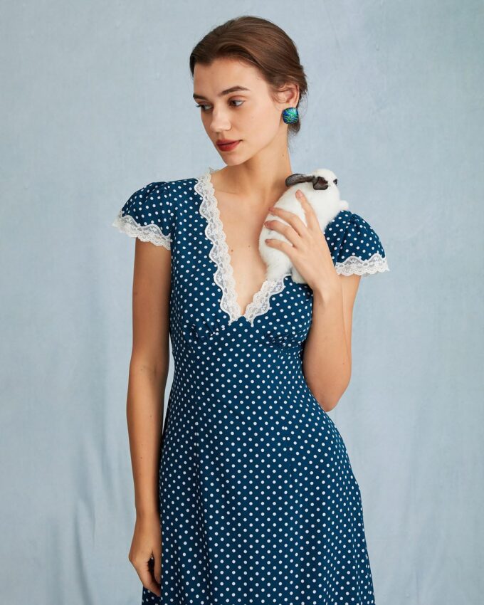 Women Summer Dresses Deep V Neck Polka Dot Prined Splice Lace Dress Elegant Cotton for Party – Bild 4