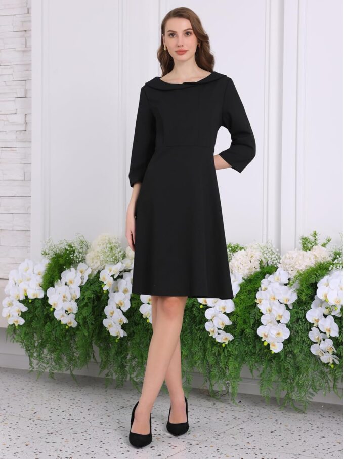 Hobemty Damenkleid mit Peter-Pan-Kragen, 3/4-Ärmel, A-Linie, elegantes Arbeitskleid – Bild 2