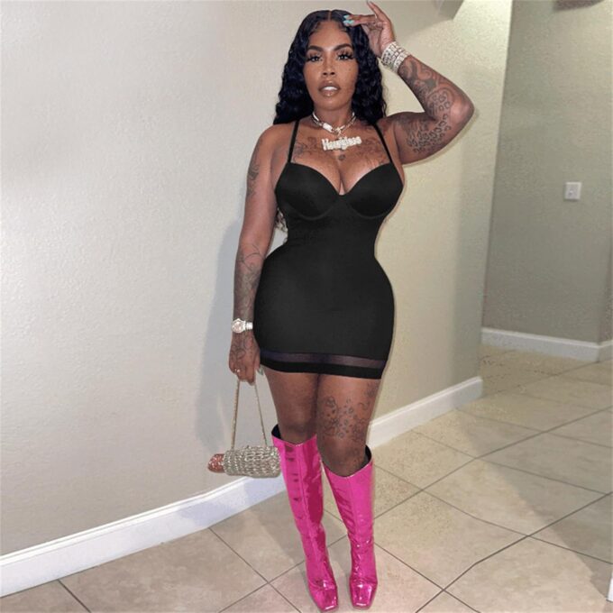 Women Sexy Spaghetti Strap Bodycon Mini Dress Sweetheart Neckline Mesh Hem Short Dresses for Club Party Night – Bild 2
