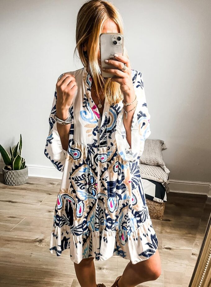 miduo Womens Summer Dress Casual V Neck Buttoned 3/4 Sleeve Bohemian Tribal Print Flowy Mini Dresses – Bild 2