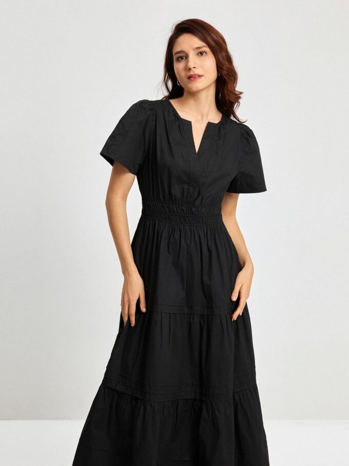 Women's Black Summer Dress Casual Long Maxi Short Sleeve Layered Cotton V Neck A Line Flowy Dresses for Women 2025 – Bild 3